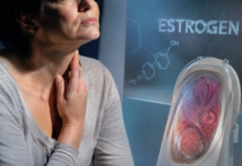 Kodėl estrogenas po 35 metų sunkiau pasišalina iš organizmo Estrogenas po 35 metų, moteris ranka liečia kaklą, šalia estrogeno molekulės schema
