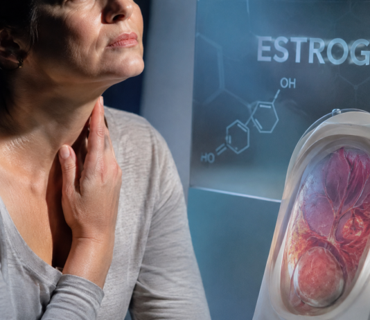 Kodėl estrogenas po 35 metų sunkiau pasišalina iš organizmo Estrogenas po 35 metų, moteris ranka liečia kaklą, šalia estrogeno molekulės schema