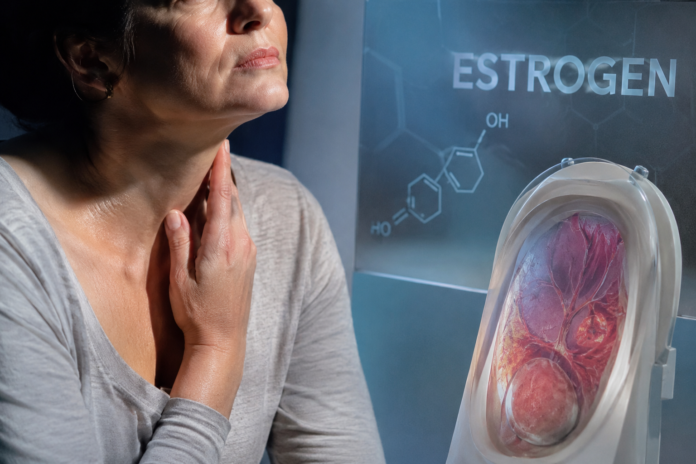Estrogenas po 35 metų, moteris ranka liečia kaklą, šalia estrogeno molekulės schema