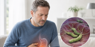 Helicobacter pylori simptomai, kodėl bakterija metų metus lieka nepastebėta Helicobacter pylori simptomai, vyras sėdi ant sofos susiėmęs pilvą, šalia padidintas vaizdas su bakterijomis skrandžio gleivinėje