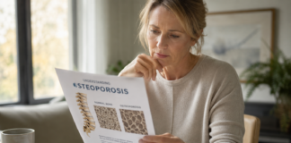 Osteoporozė yra tyli epidemija, ardanti kaulus be simptomų Osteoporozė, moteris prie stalo skaito lankstinuką su sveiko ir poringo kaulo palyginimu