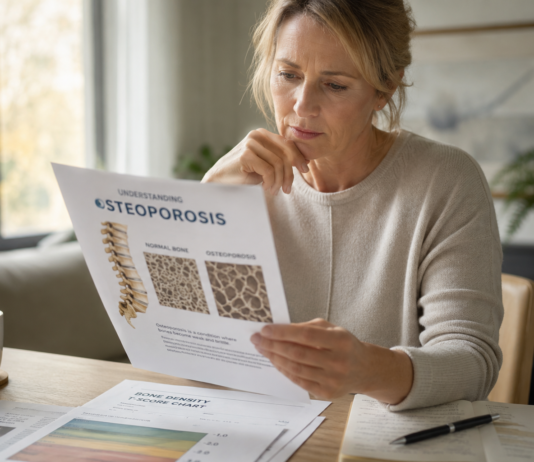 Osteoporozė yra tyli epidemija, ardanti kaulus be simptomų Osteoporozė, moteris prie stalo skaito lankstinuką su sveiko ir poringo kaulo palyginimu
