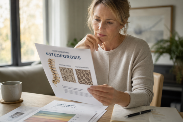 Osteoporozė, moteris prie stalo skaito lankstinuką su sveiko ir poringo kaulo palyginimu