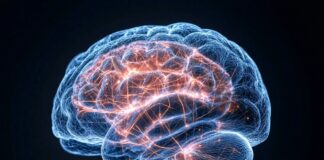 Alzheimerio liga, kas smegenyse pasikeičia dar prieš pirmuosius simptomus Alzheimerio liga, švytintis smegenų modelis tamsiame fone su oranžiniais nerviniais ryšiais