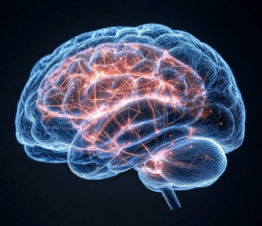 Alzheimerio liga, kas smegenyse pasikeičia dar prieš pirmuosius simptomus Alzheimerio liga, švytintis smegenų modelis tamsiame fone su oranžiniais nerviniais ryšiais
