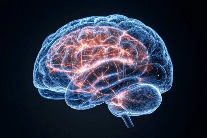 Alzheimerio liga, švytintis smegenų modelis tamsiame fone su oranžiniais nerviniais ryšiais