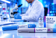 GLP-1 vaistai, nuo natūralaus hormono iki lieknėjimo GLP-1 vaistai, du injekcijų rašikliai ir buteliukas laboratorijoje