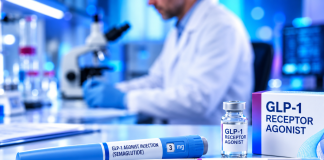 GLP-1 vaistai, nuo natūralaus hormono iki lieknėjimo GLP-1 vaistai, du injekcijų rašikliai ir buteliukas laboratorijoje