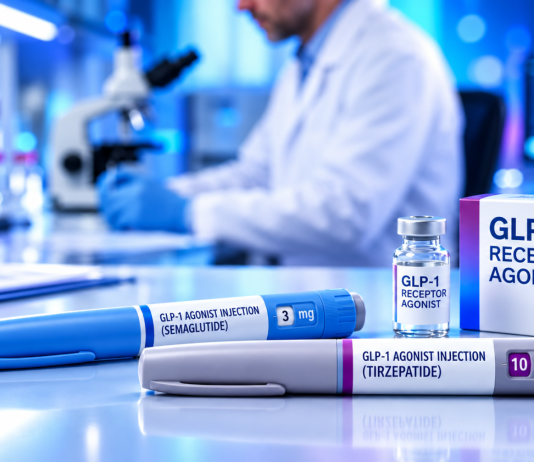 GLP-1 vaistai, nuo natūralaus hormono iki lieknėjimo GLP-1 vaistai, du injekcijų rašikliai ir buteliukas laboratorijoje