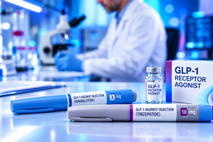 GLP-1 hormonas GLP-1 vaistai, du injekcijų rašikliai ir buteliukas laboratorijoje